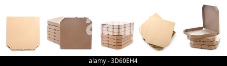Set of cardboard pizza boxes on white background Stock Photo