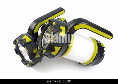 two hand held work flashlight torches on a white background Stock Photo