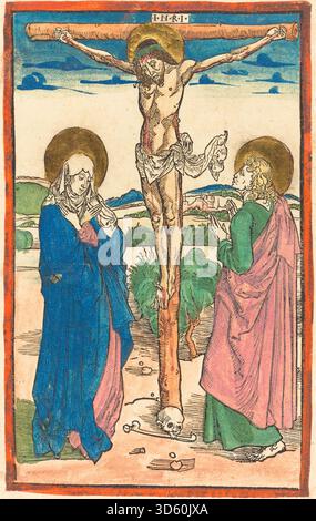 Illustration of Christ on the cross flanked by the Virgin Mary and ...