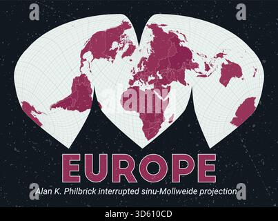 World map featuring Alan K. Philbrick's interrupted sinu-Mollweide projection, centered on Europe. Stock Vector
