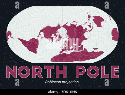 North Pole. World map. Robinson projection centered to North Pole. Pale Mint Dark Pink palette. Vintage texture. Trending vector illustration. Stock Vector