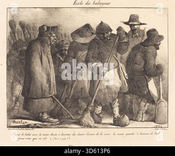 This 1822 work by Nicolas Toussaint Charlet, titled 'Ecole du balayeur', depicts a scene of a street sweeper performing daily cleaning tasks, highlighting the attire, tools, and movements associated with this occupation in early 19th-century France. Stock Photo
