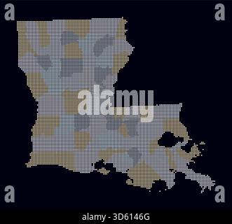 Louisiana dotted map. Digital style map of the state on a dark background. Louisiana shape with circle dots. Colored dots style. Small-sized circles. Stock Vector