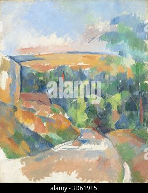 Landscape painting by Paul Cézanne showing a bend in a road with ...