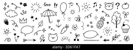 Line cute element set. Hand drawn scribble heart, arrow, flower and star elements for a cute line simple background. Doodle sketch heart, star, cloud sticker shapes. Vector illustration Stock Vector
