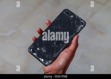 Cracked mobile phone display screen Stock Photo