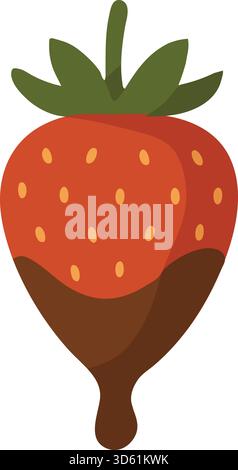 A ripe red strawberry fully coated in glossy chocolate with green leaves on top shown in bold flat color Stock Vector