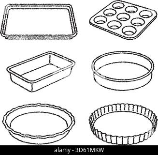 A collection of baking trays muffin tin loaf pan and round pie tins arranged as a kitchen toolkit illustration Stock Vector