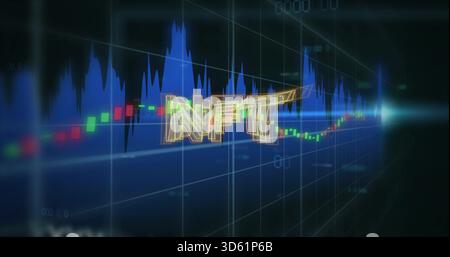 Floating 3D wireframe NFT hovering above trading HUD, displaying red or green candlesticks, blue pea Stock Photo
