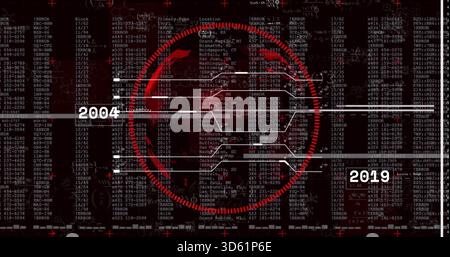Displaying central red circular HUD with timeline bars 2004 and 2019 on screen with ERROR text Stock Photo