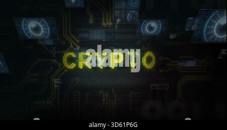 Glitching pixelated CRYPTO text pulsing on dark backdrop, showing gold circuits and blue HUD Stock Photo