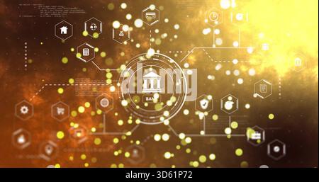 Displaying central BANK interface glowing in fintech HUD, linking hexagon icons and glowing nodes Stock Photo
