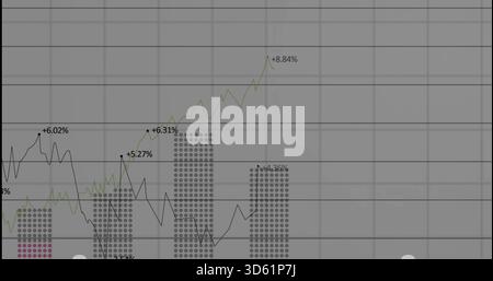Displaying dashboard chart showing green upward line, dark jagged line, dot bars, percent labels Stock Photo