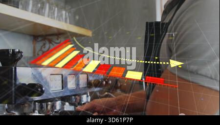 Operating mid-adult barista in dark apron handling portafilter at cafe with AR overlay, copy space Stock Photo