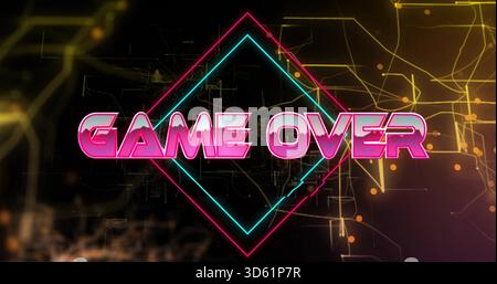 Displaying centered neon GAME OVER typography glowing in virtual arcade, with cyan magenta diamond Stock Photo