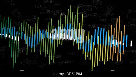 Displaying waveform of vertical bars on black canvas, showing faint equations and molecules Stock Photo