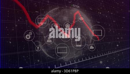 Displaying central dotted 3D globe crossing red trend line on dark dashboard, with white icons Stock Photo