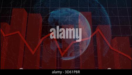 Displaying red bar chart and jagged red line across dark dashboard, with translucent blue globe Stock Photo