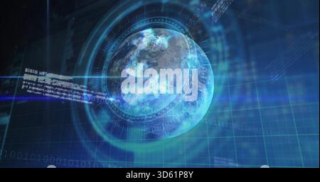Displaying holographic globe rotating in simulated control room, with HUD rings and binary streams Stock Photo