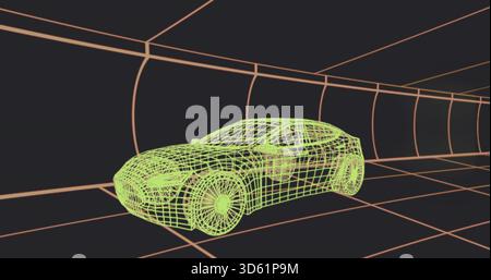 Rendering neon-green wireframe sedan inside curved orange grid tunnel, revealing wheel spokes Stock Photo