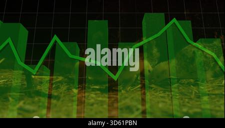 Displaying translucent green 3D bars on dark grid chart, showing bright polyline and grass texture Stock Photo
