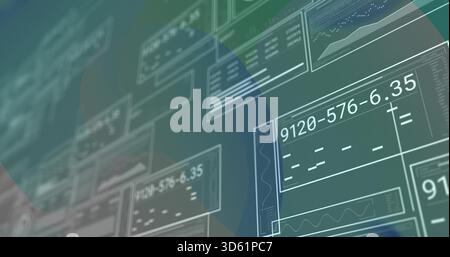 Displaying centered cluster of translucent UI panels on teal-green dashboard, with numeric readouts Stock Photo