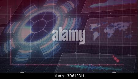 Displaying large circular holo interface left over 3D grid, HUD panels worldmap waveform red dots Stock Photo