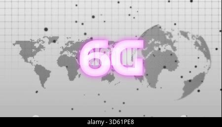 Displaying glowing neon-pink 6G text floating above halftone map and partial globe, with grid nodes Stock Photo