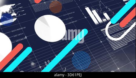 Displaying white pie chart centered on navy grid dashboard, with cyan coral bars and world map Stock Photo