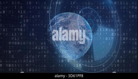 Showing clear blue Earth globe rotating in digital network view, with HUD rings and binary streams Stock Photo