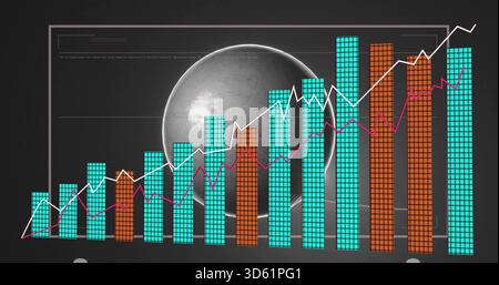 Displaying chart on dark dashboard, showing cyan orange bars, white magenta lines, orb, frame Stock Photo
