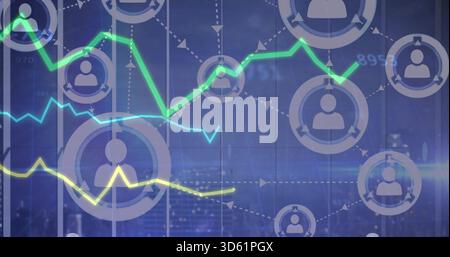 Displaying network dashboard on glass panel, showing user nodes, dashed arrows, three trend lines Stock Photo