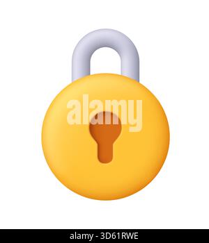 Yellow round padlock with silver curved shackle and keyhole. Security, safety, encryption, protection and privacy concept. 3d vector icon. Cartoon min Stock Vector
