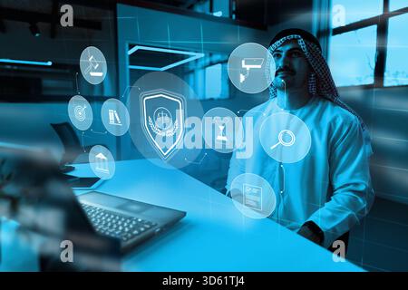 Business professional engages with digital security technologies in modern office setting Stock Photo