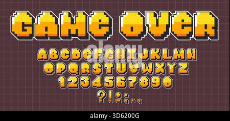 Retro pixel font set isolated on computer screen background. Vector cartoon illustration of geometric English ABC letters, numbers, punctuation signs, arcade game display, 8-bit text design elements Stock Vector