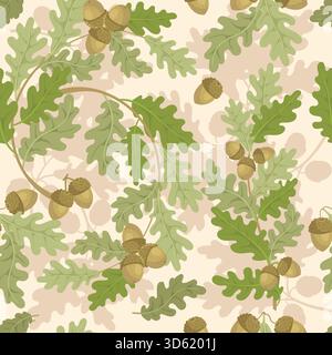 Oak branches seamless pattern. Elegant botanical elements, leaves and acorns, repeated decorative plants. Decor textile, wrapping paper, wallpaper Stock Vector