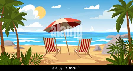 Beach landscape. Summer sea vacation, sun loungers under umbrella on sand, tropical palm trees, cumulus clouds, paradise panorama cartoon flat Stock Vector