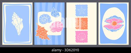 Marine posters set with seashell sketches in abstract frames. Vector illustration of minimalist stamps with shell, starfish, pearl and hand drawn color borders, underwater life design, tropical nature Stock Vector