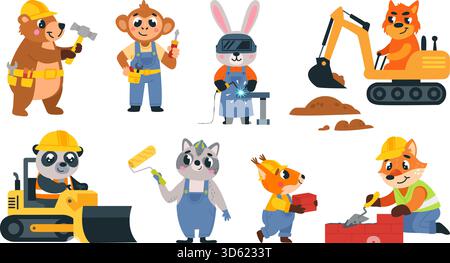 Cartoon animal builders. Animals in uniforms and helmets work at construction site. Welder and bricklayer, painter, carpenter and general laborer clas Stock Vector