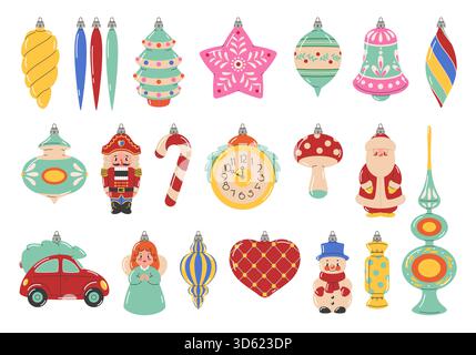 Christmas decorations. Vintage tree toys, glass holiday figurines, xmas hanging elements, santa, nutcracker, snow girl, car and clock, pine cone and Stock Vector