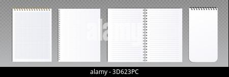 Notebook pages with spiral ring binder for writing and sketching - checkered and dotted, lined or blank sheets. Metal coils bind paper for office and school use for notes, planning or drawing tasks. Stock Vector
