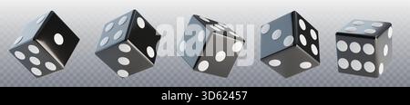 3D dice set with random numbers isolated on transparent background. Vector realistic illustration of black cubes with white dots for board games, casino, poker, gambling business, symbol of luck Stock Vector