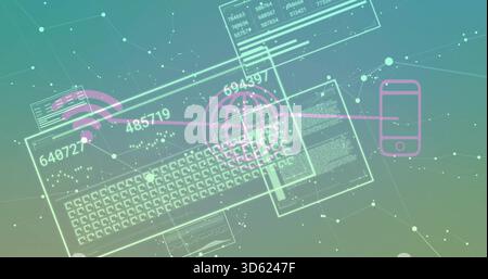 Displaying keyboard schematic with wireframe UI panels on teal plane showing magenta globe link Stock Photo