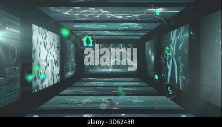Glowing futuristic corridor showing translucent panels, DNA helix and floating icons in lab Stock Photo