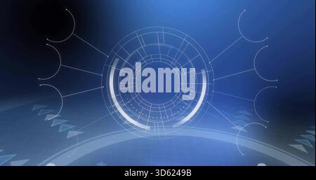 Displaying central holo HUD spinning in virtual interface, showing glowing arcs and connector lines Stock Photo