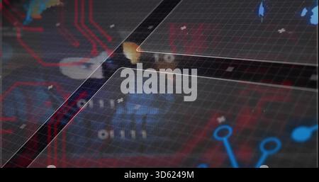 Displaying foreground glass grid panel on UI, showing red traces, blue nodes, binary, ghost icon Stock Photo