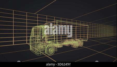 Displaying wireframe box truck occupying 3D studio, with neon green lines and orange grid Stock Photo