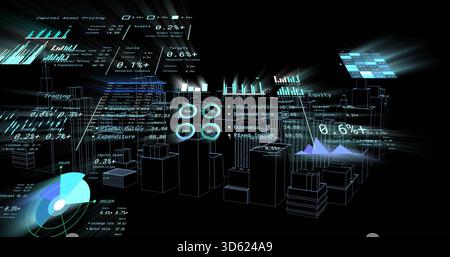 Displaying holographic 3D block cluster floating in virtual space, showing bar charts and gauges Stock Photo