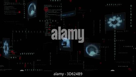 Floating screens showing HUDs streaming binary code, else return 0; with red glyphs in cyberspace Stock Photo