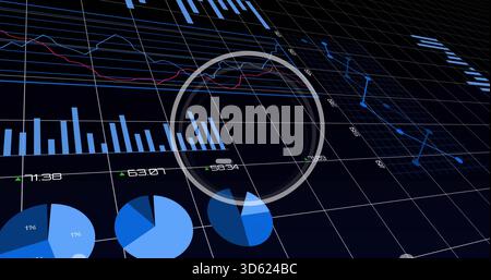Highlighting translucent HUD ring overlaying tilted 3D grid plane, showing bar, pie, line charts Stock Photo